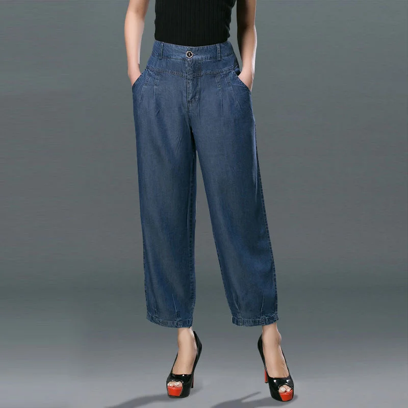 

Women Baggy Jeans Spring Summer Casual Denim Bloomers Elastic High Waist For Woman Loose Jean Pants Wide Leg Cropped Pants