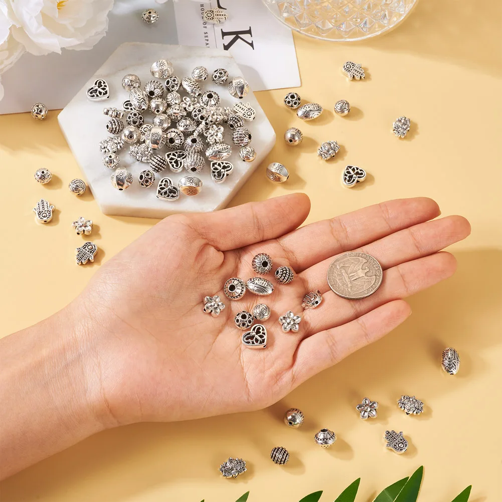 130pcs Antique Silver Color Tibetan Style Alloy Bead Loose Beads for Bracelet Necklace Earrings Handmade Jewelry Making Supplies