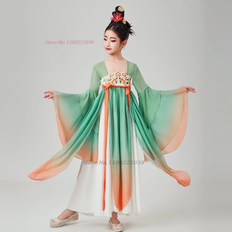 2025 chinese vintage children dance costume national flower embroidery gradient color hanfu dress stage performance folk dress
