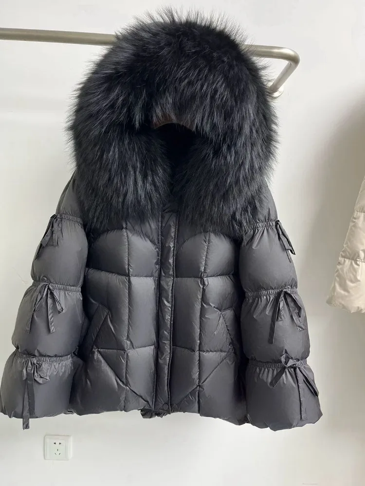 Nova moda feminina roupas de inverno gola de pele de raposa natural puffer jaqueta grosso quente branco ganso para baixo casaco de pele real parker