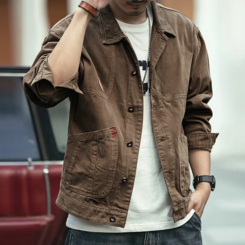 Button Jeans Coat Men Black Cargo with Embroidery Denim Jackets Brown Splicing Winter Outerwear on Board Rock Oversize JJ1177