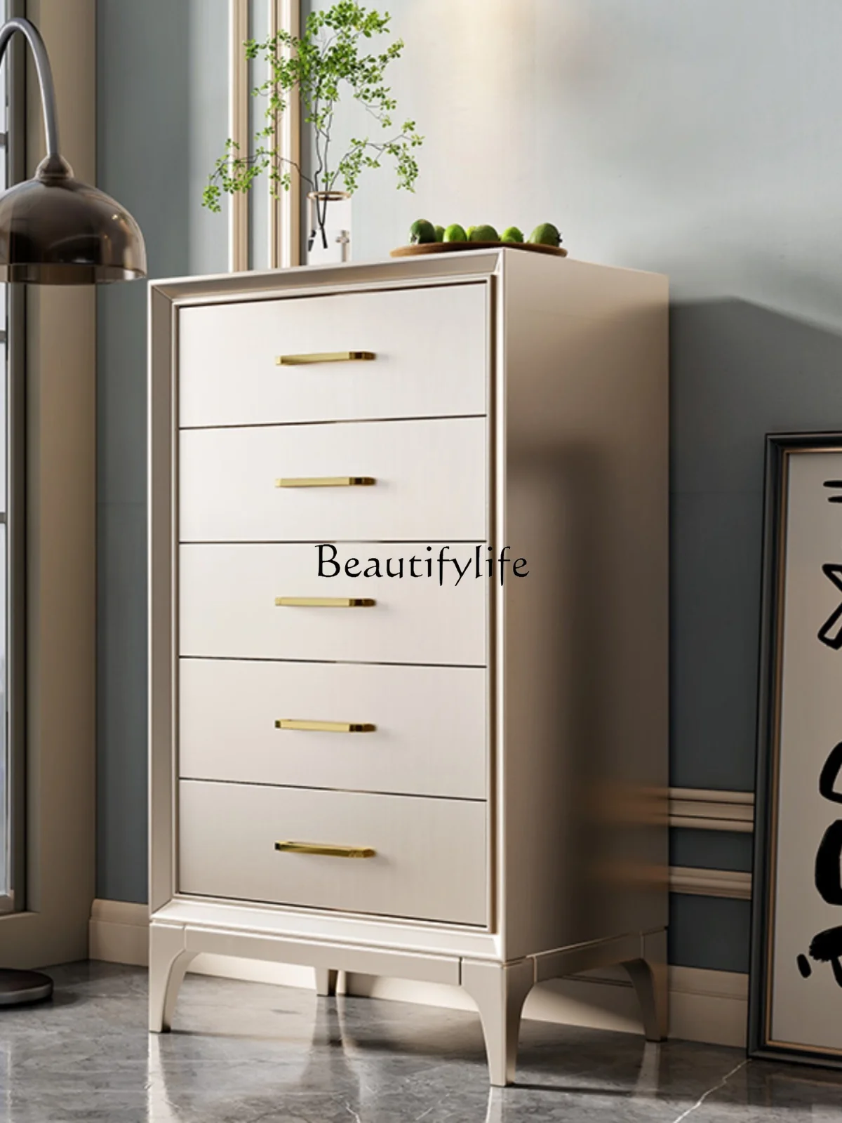 American-Style Solid Wood Chest of Drawers Bedroom Bedside Champagne Silver Paint Storage Cabinet More than Chest of Drawer