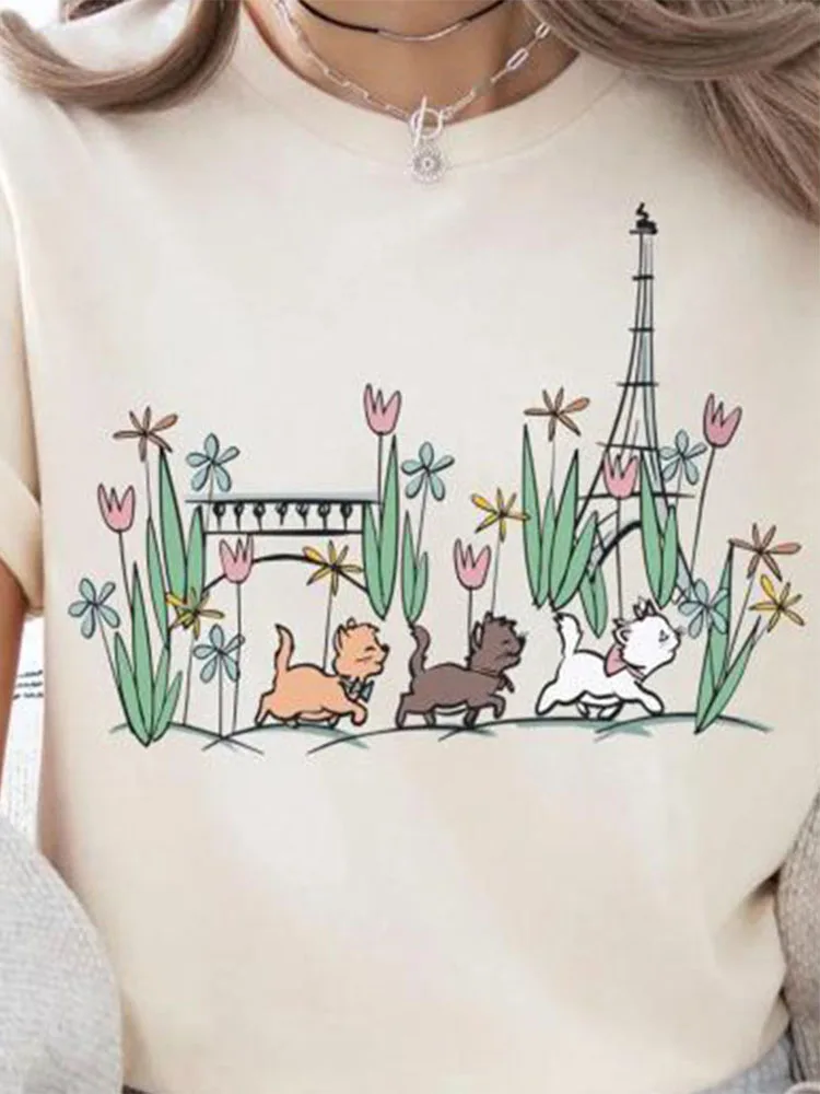 French Paris Aristocats Graphic T-Shirt Floral Kitten Cute Short Sleeve Top for Beach Picnic Daily Vacation Outfit