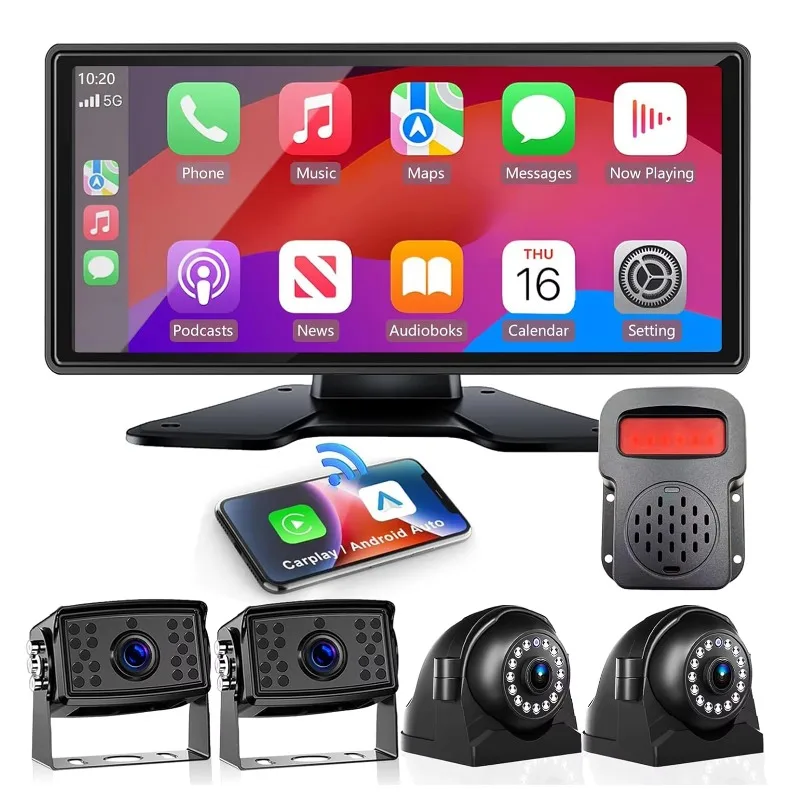 10.36 Inch Touch Screen DVR Monitor with Carplay Android Auto System 360 View 4 1080P Side Rear View Backup Cameras Rv