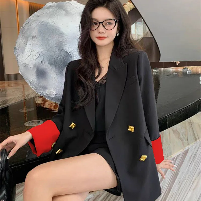 

Новый черный повседневный женский пиджак 2025 года, весна-осень, универсальный дизайн, полиэстер, стандартная толщина, с отстрочкой