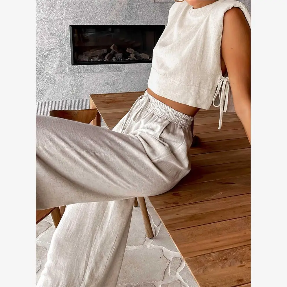oulder Pad Svel Top Broek Set Dames Faion Zomeroutfit Tweedelige set Lange broek Polyester stof