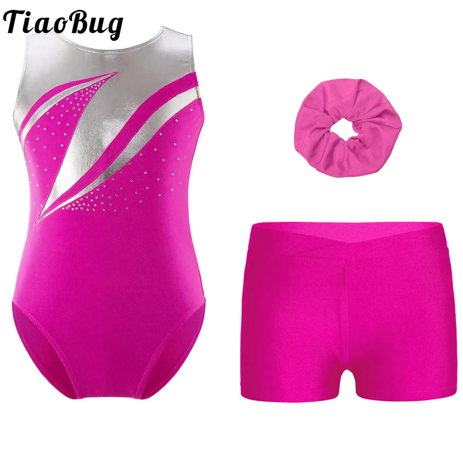 

Kids Girls Gymnastics Dance Outfit Gym Ballet Dance Performance Costume 2pcs Sleeveless Metallic Leotard And Shorts And Hairband