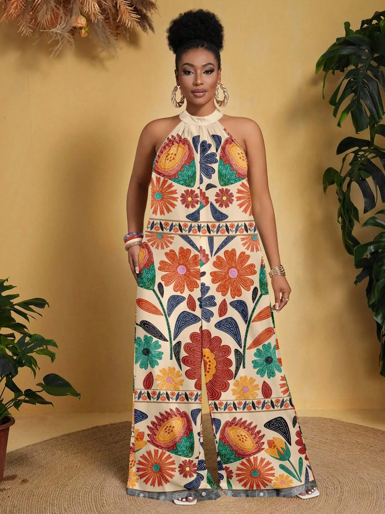 

Plus Size Floral Jumpsuit for Women, Loose-Fitting Casual Summer, Woven Fabric, Ideal for Ages 25-54