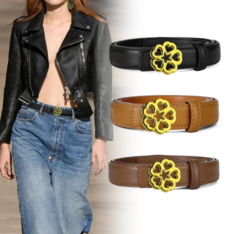 new Women's Flower Belt Versatile Retro Bronze Buckle Cowhide  Belt Simple and Elegant Decorative Dress Suit Apparel Accessories