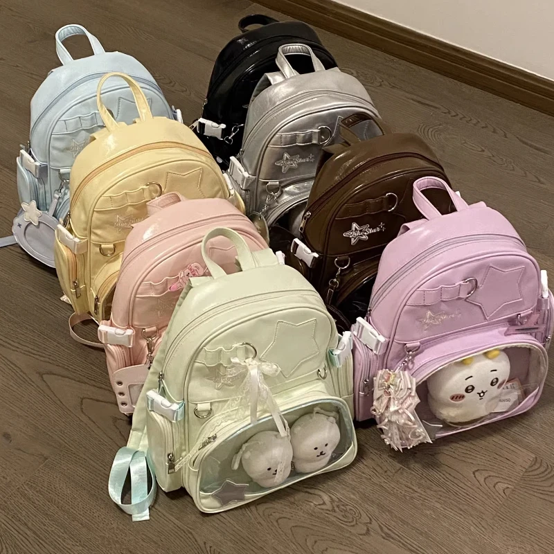 

Generic Ita Backpack Candy Color PU Leather Clear Front Pocket Fits 10-15cm Plush Dolls Large Capacity Casual Daily Backpack