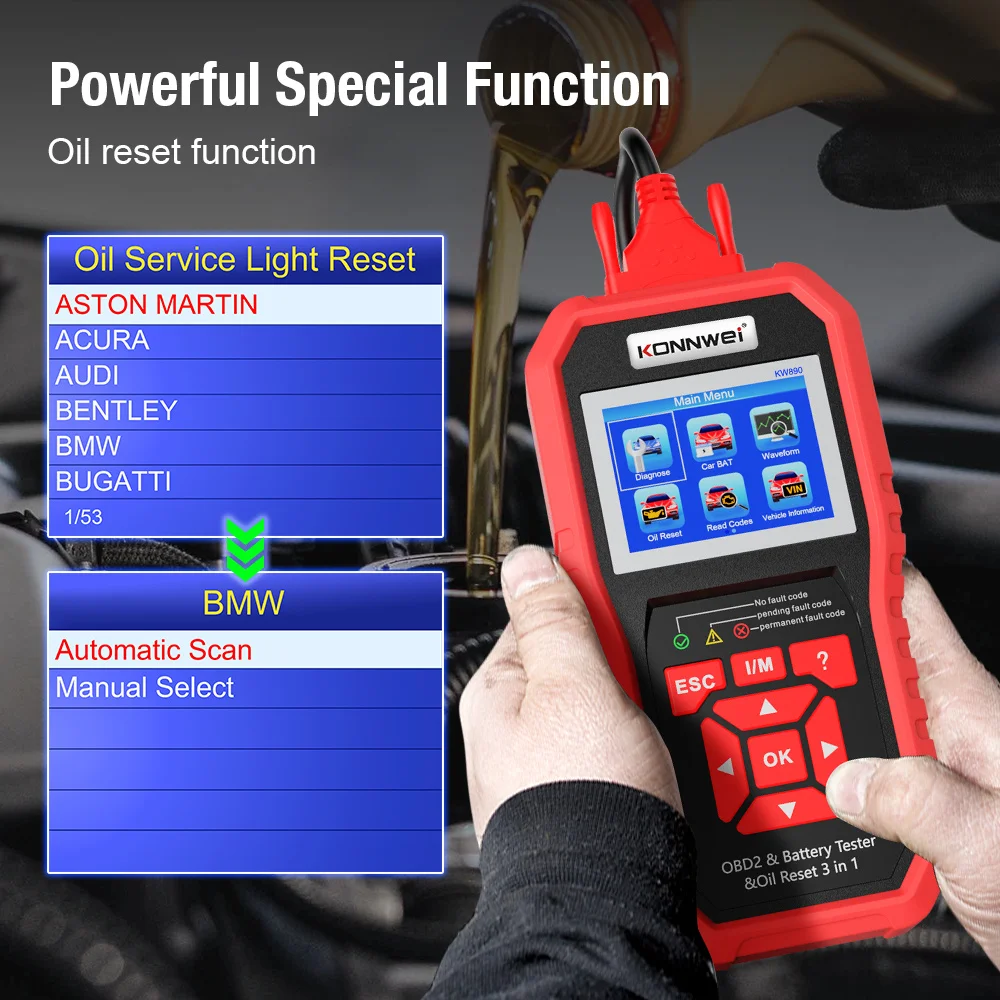 KW890 Konwei Automotive Scanner OBD2 Professional Battery Tester Oil Reset Diagnostic Tool 3-in-1 Automotive Code Reader