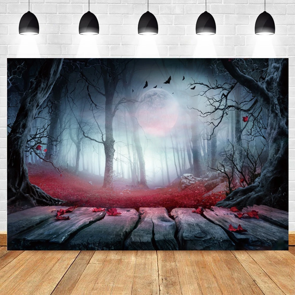 

Halloween Backdrop for Photography Horror Night Moon Scary Forest Tree Misty Pumpkin All Saints' Day Party Photo Background Deco