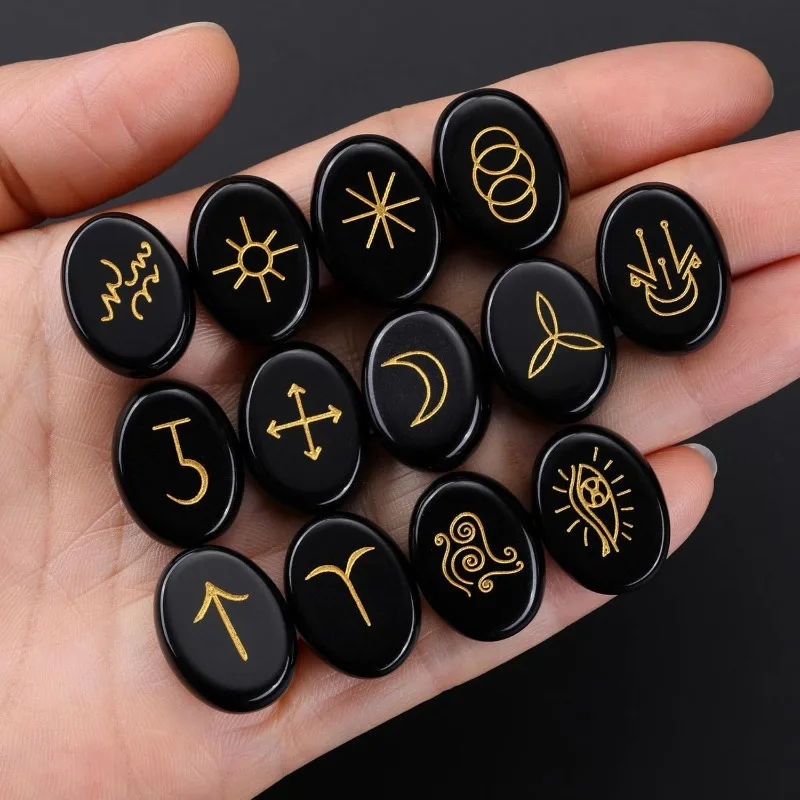 Natural Black Obsidian Crystal Witches Rune Stones Healing Crystals Gemstone Engraved with Reiki Rune Symbol Set