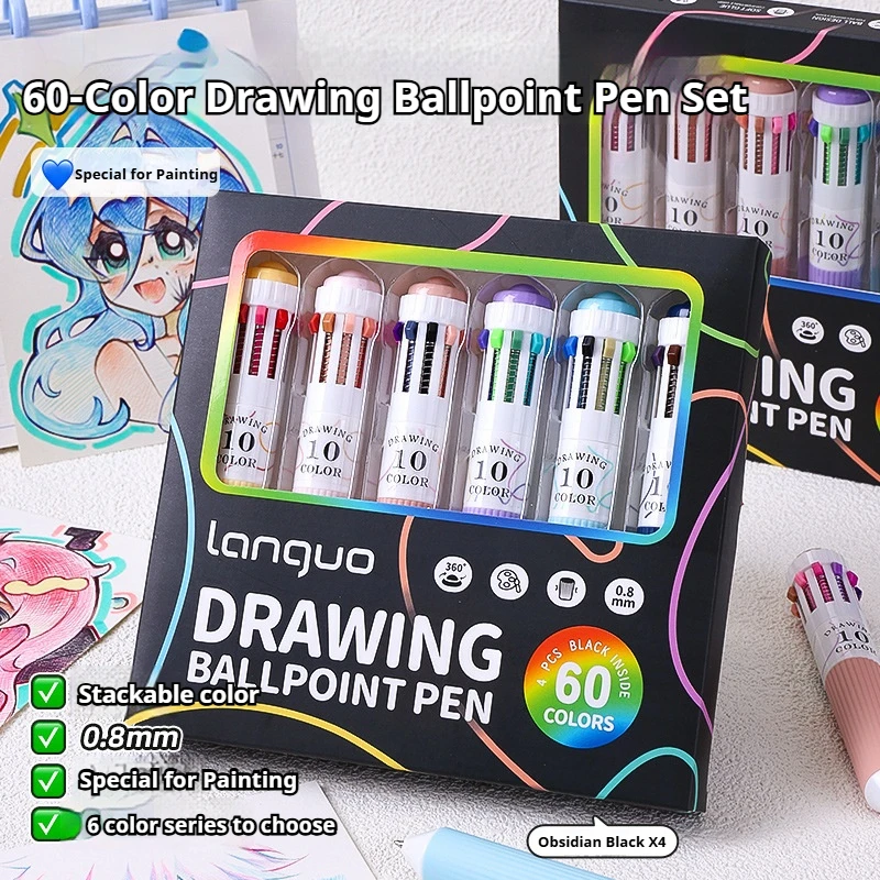 Languo 10-in-1 Colored Multicolor Ballpoint Pen Set 0.8mm 60 Colors Pens Fine Point Retractable Ballpoint Pens for Office School
