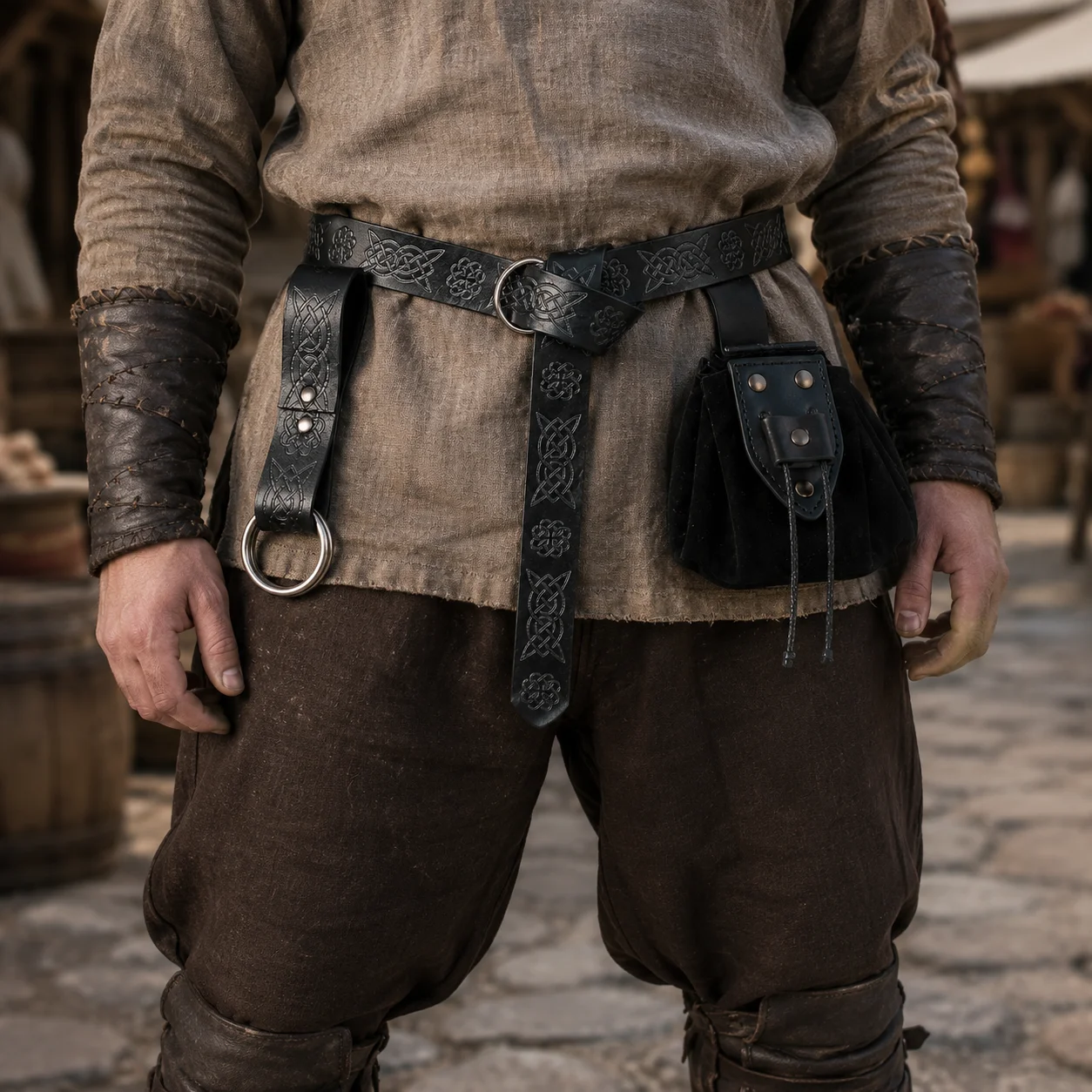 Celtic Leather Belt and Pouch Set, Medieval Waist Bag with Ring Holder, Adjustable Viking Costume Accessories for LARP view 2