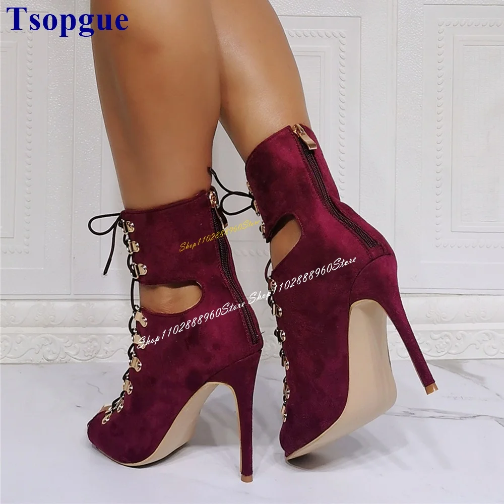 Cross Tied Burgundy Flock Metal Roman Sandals Thin High Heel Women Shoes Back Zipper Peep Toe 2024 Fashion Zapatos Para Mujere