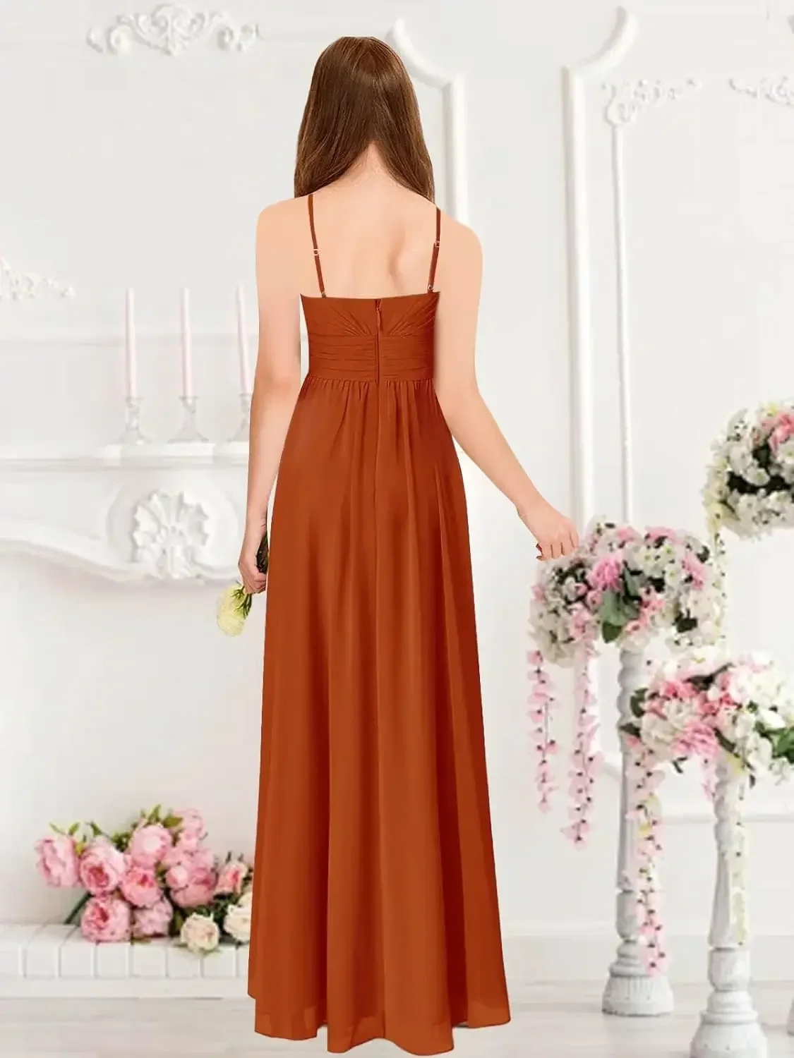 결혼식을 위한 메이드 오브 아너 드레스 결혼식을 위한 신부 들러리 드레스 하이 로우 쉬폰 플리츠 스파게티 스트랩 공식 파티 가운