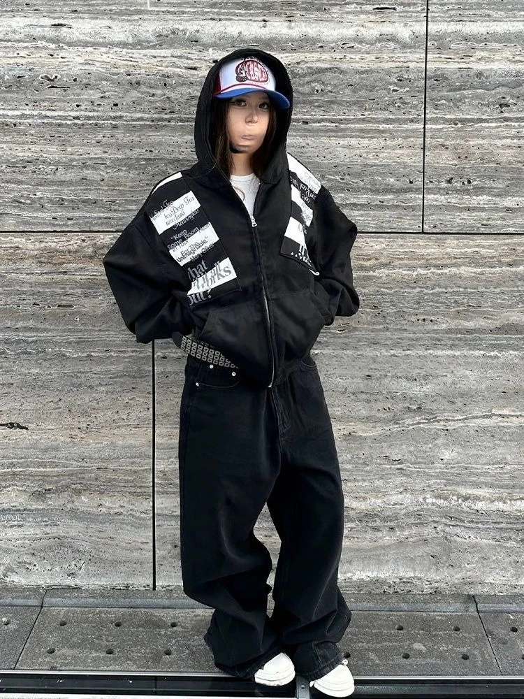 Chaqueta con capucha de manga larga Retro americana Y2k para mujer, abrigo informal Punk con estampado de letras de retales, ropa de calle ajustada con cremallera, otoño 2025