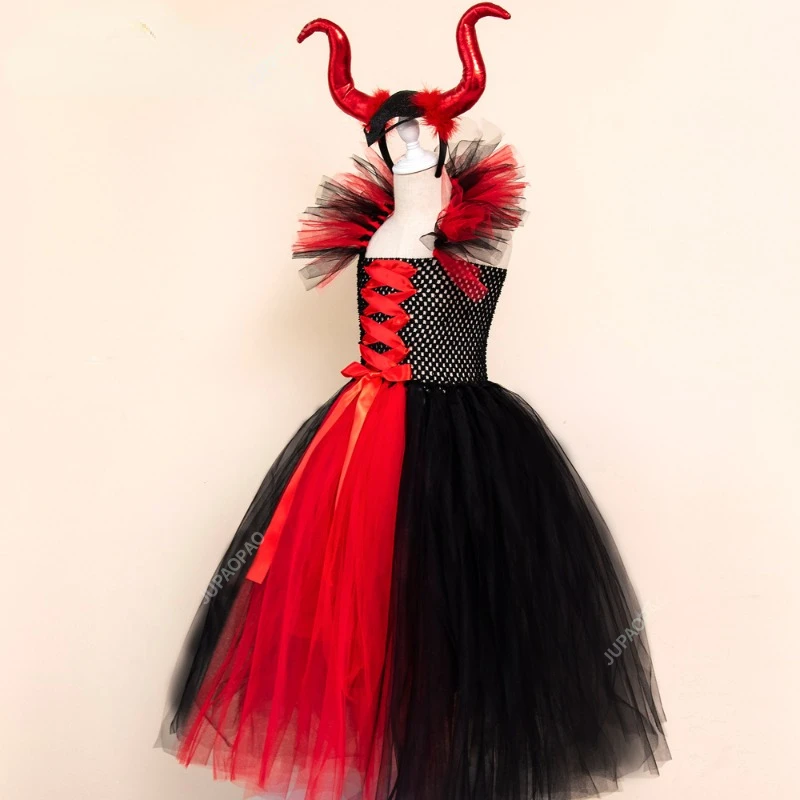 New High Quality Costume Deluxe Girls Halloween Carnival Party Black Trailing Mesh Dress Kids Cosplay Demon Queen Witch Clothes