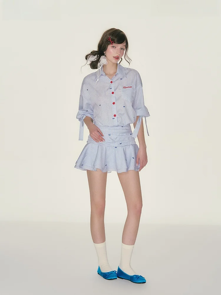 

Blue White Striped irt Dr with Pleated Skirt Flounce Casual Cotton Polyester Blend mid Sve Turn-down Collar Gathered ...