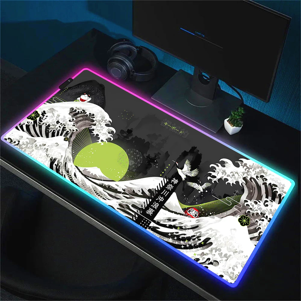 HD Printing The Great Wave off Kanagawa RGB Mouse Pad Large Gaming Keyboard Computer Rubber Mat XL Carpet Backlit Deskmat 90x40