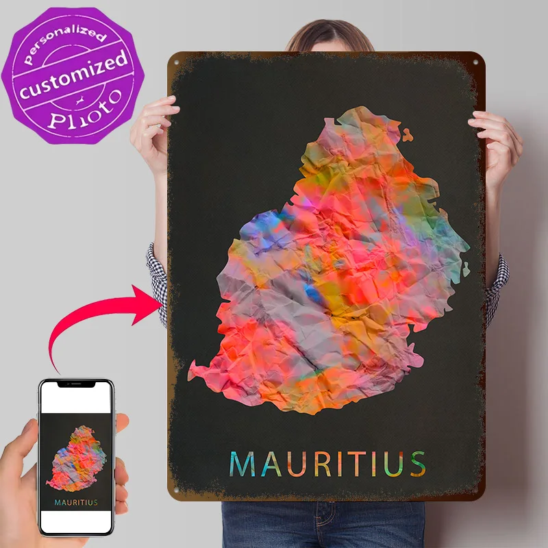 Mauritius Tie Dye Map Personalized 3D Textured Metal Poster Wall Art Tinplate Sign for Gaming Room Decoration Man Wand Deko Home