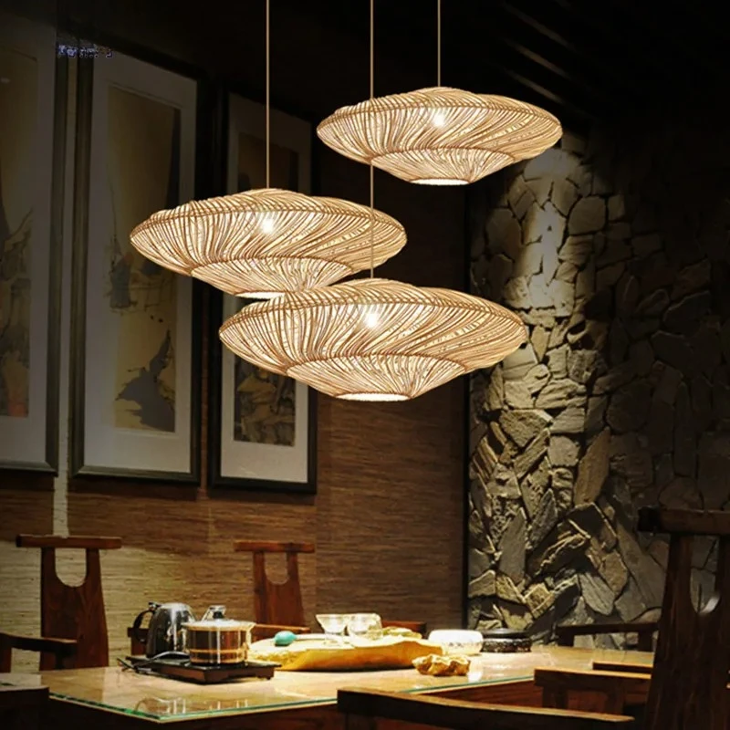 

Japanese Wabi Sabi Rattan Weaving LED Pendant Light Flying Saucer Ceiling Hanging Lamp Living Room Restaurant Bedroom Chandelier