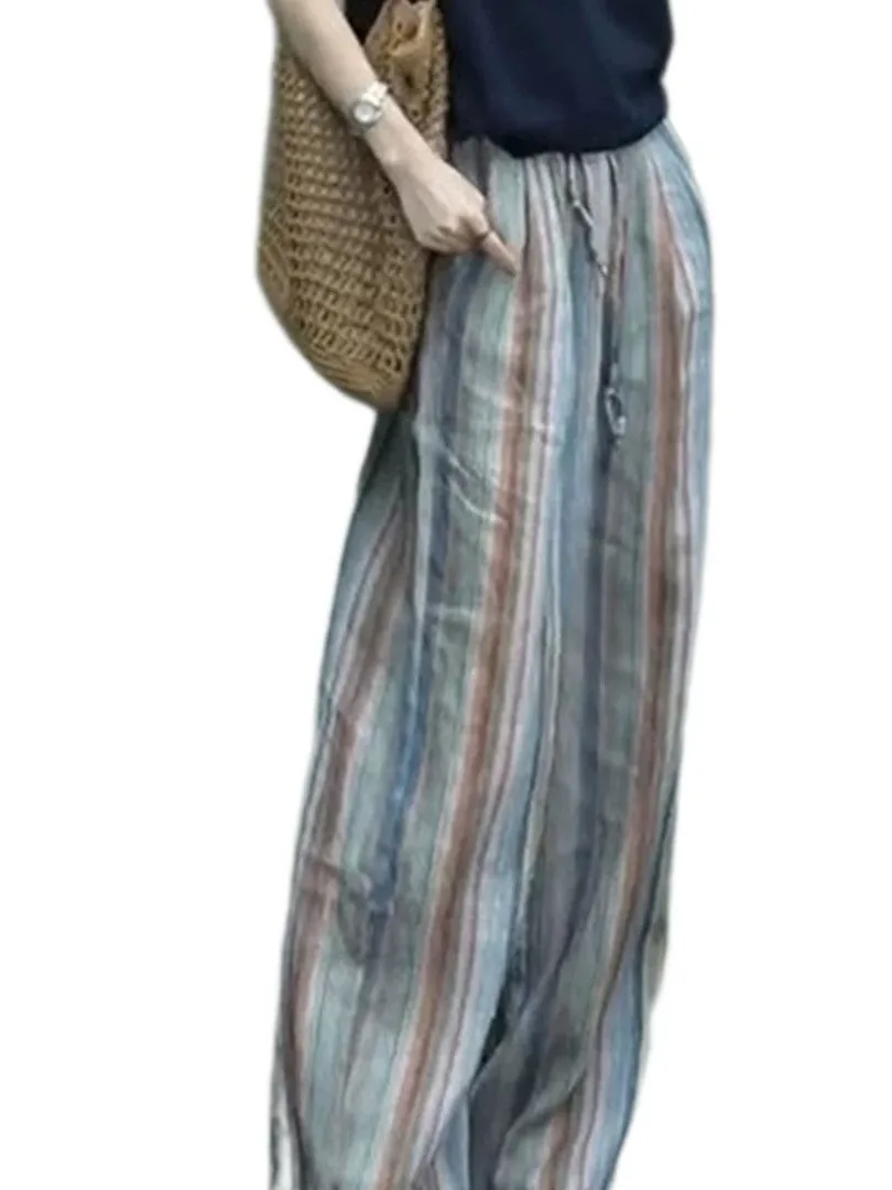 Pantaloni a gamba larga a vita alta Pantaloni estivi larghi in lino casual a righe arcobaleno da donna Pantaloni lunghi dimagranti in lino di cotone dritto
