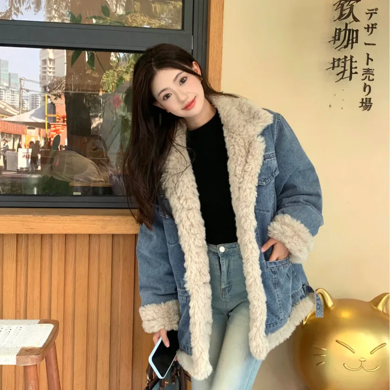 2024 Autumn Winter New Women\'s Denim Jacket Blue With Hat Hoodie Fashion Oversize Thick Lamb Wool Streetwear Cowboy Outerwears