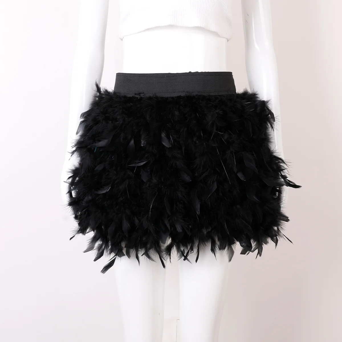 Womens Faux Feather Mini Skirt Elastic Mid Waist A-line Skirt Ladies Mardi Gras Outfit Festivals Carnival Dance Party Supplies