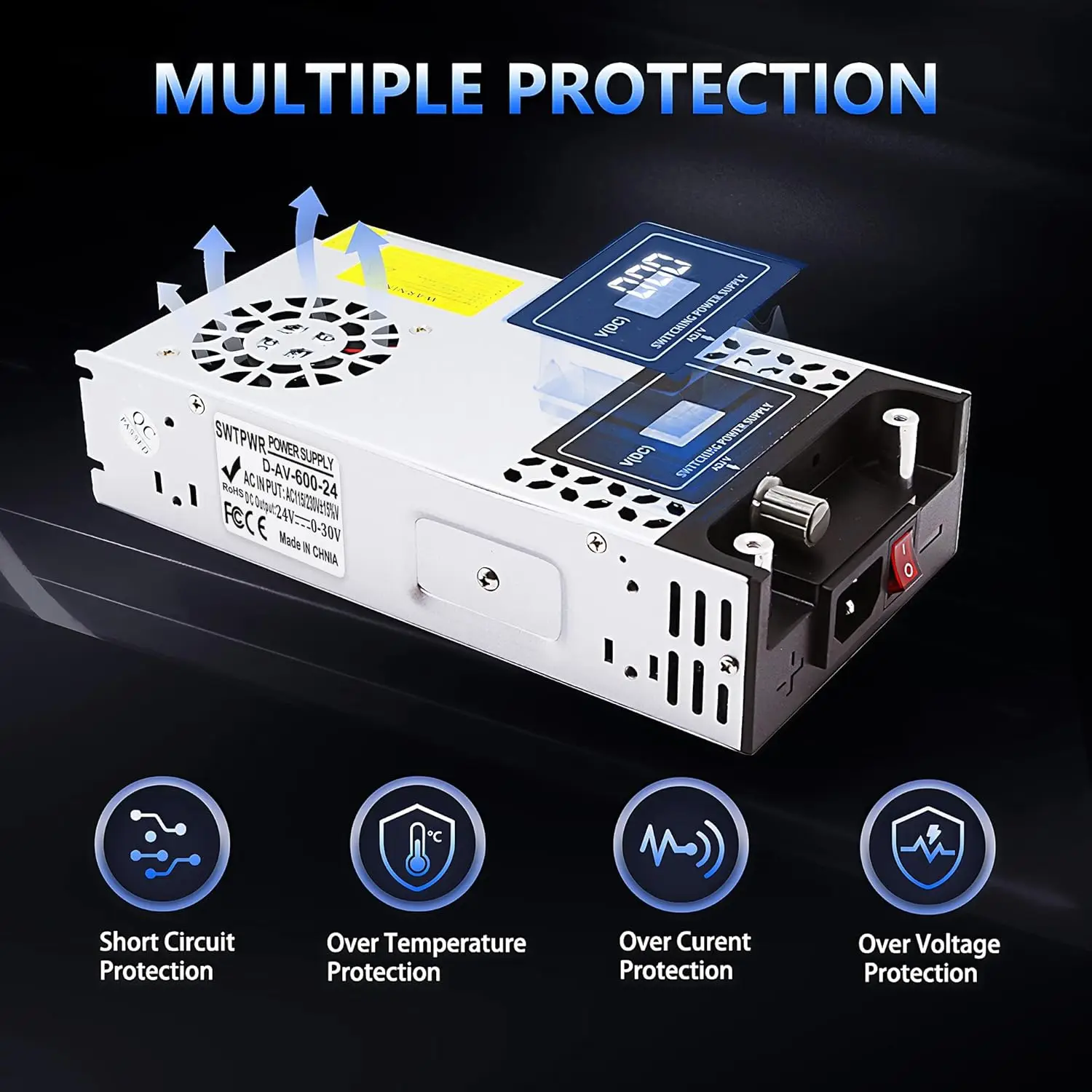 Verstelbare 0-24V DC-voeding 600W met LED-display, 110V naar 24V AC/DC-converter voor LED-verlichting, autoradio, gebruik in de auto