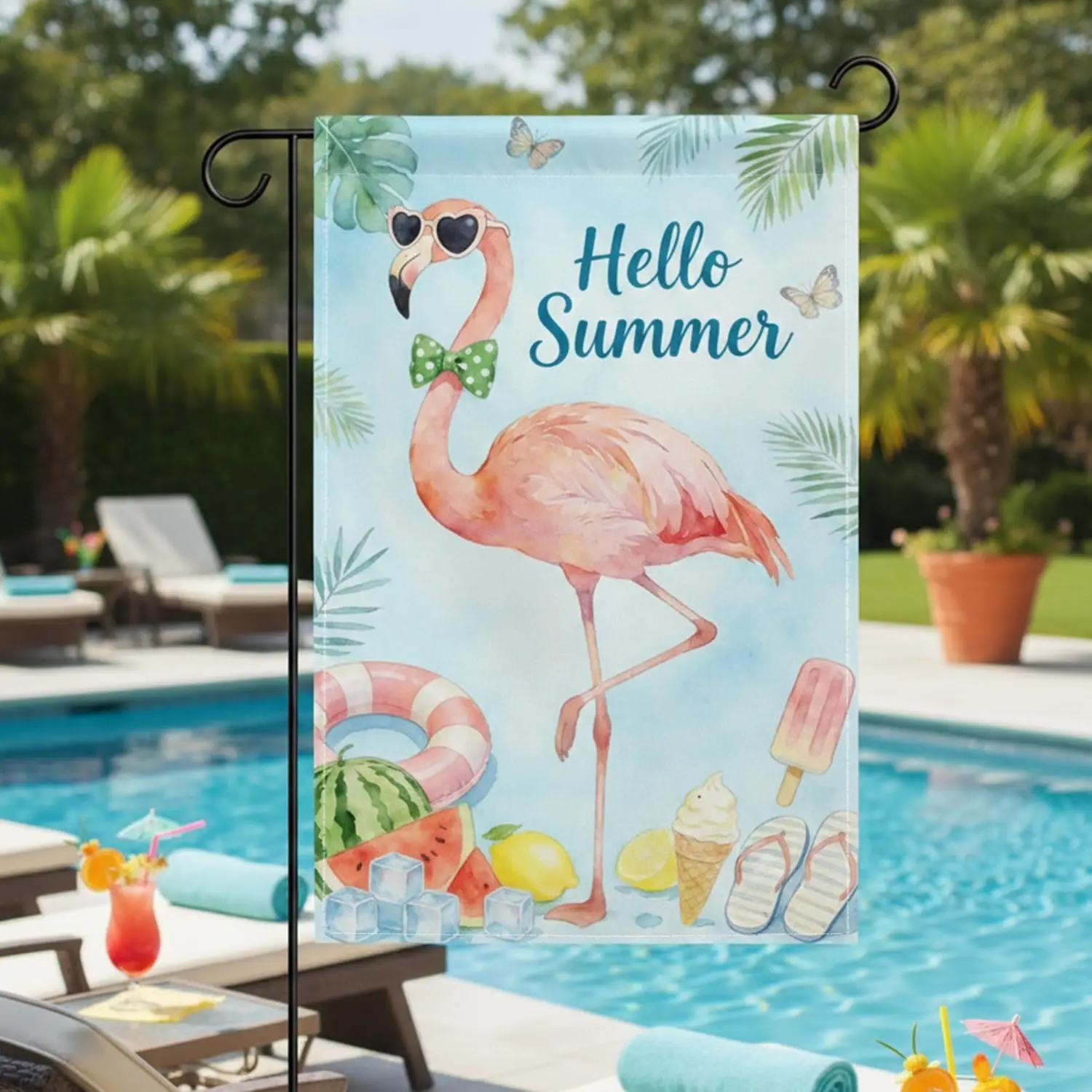 Hello Summer Garden Flag 12x18 Inch Double Sided, Flamingo Welcome Polyester Yard Flags, Seasonal Outdoor Banner Decorations MMZ
