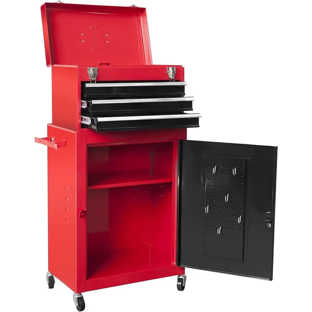 

Red Black Rolling Tool Organizer, Detachable 3 Drawer Tool Chest with Large Cabinet & Adjustable Shelf for Garage Workshop