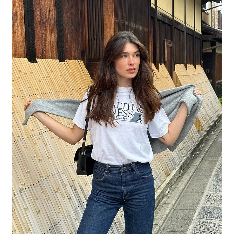 เสื้อยืดผ้าฝ้ายทรงเรโทรสำหรับเด็กผู้หญิง เหมาะสำหรับออกกำลังกาย วิ่ง ผ้าฝ้ายแท้ ทรงกลม ปกติ ใส่สบายในฤดูร้อน