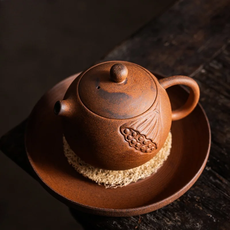 180ML Old Rock Mud Rough Pottery Lotus Single Pot, Retro Brewing Kettle for Tea Ceremony