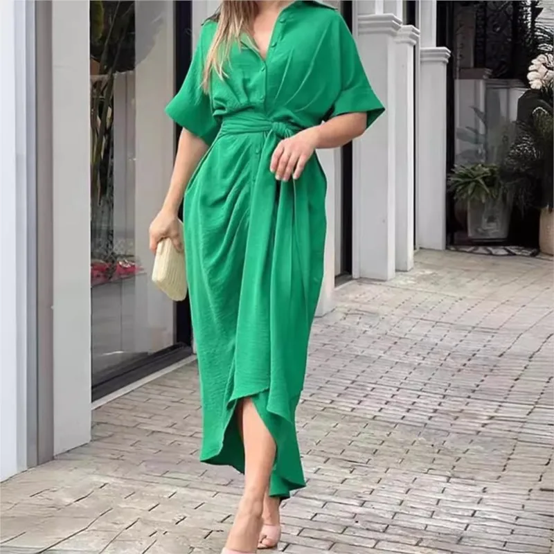 

High Waist Lace-up Dresses Commuter Lapel Single-breasted Cardigan Dress Shirt Print Dresses Women Turn-down Collar Long Dress