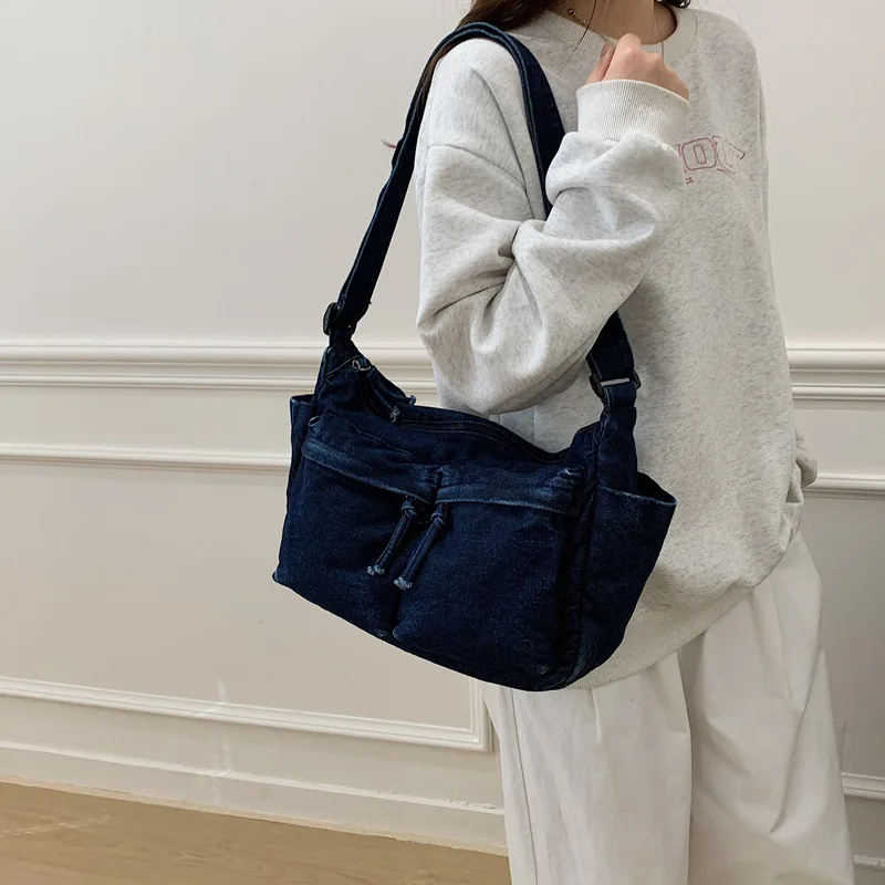 حقائب كروس مريحة ومتعددة الاستخدامات، حقائب كتف عصرية بسيطة ذات سعة كبيرة، متعددة الجيوب، حقيبة مدرب من قماش الدنيم المغسول #4