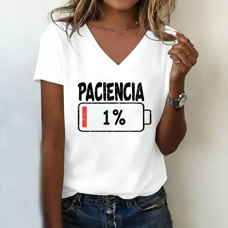 Breathable T-shirt V Neck Casual Fashion Low Battery Printed T Shirts Women Short Sleeve Tee Shirt V-Neck Summer Spring