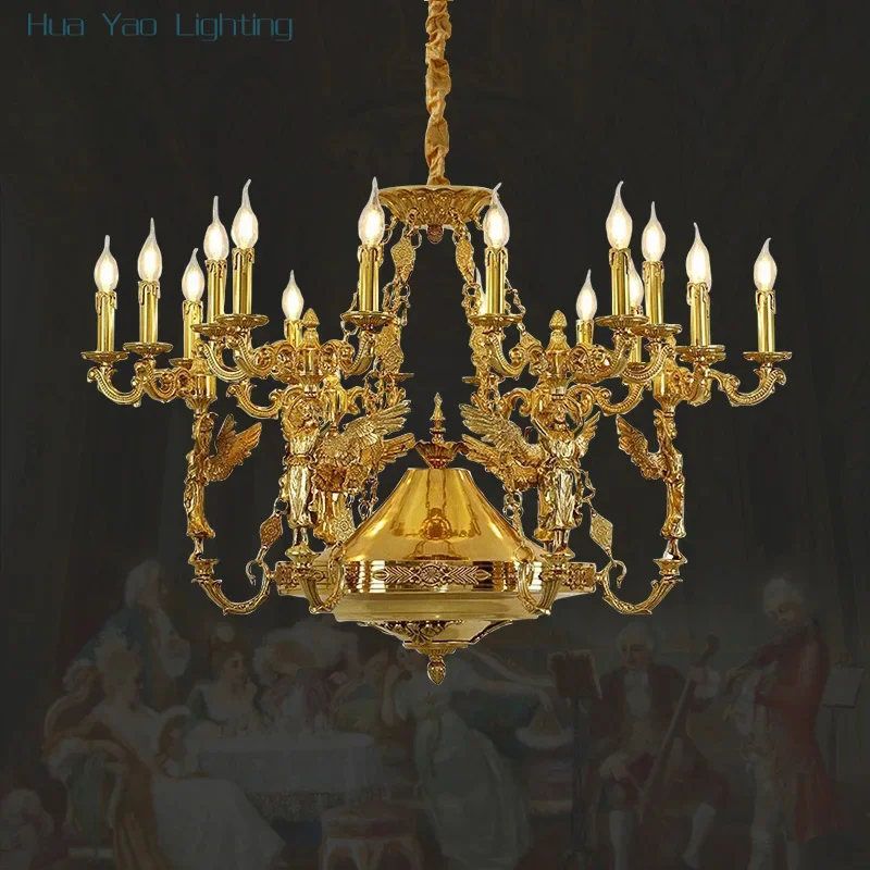 French Baroque Classic Angel Chandelier European Hotel Villa Living Room Brass Pendant Light Apartment Copper Luminaire