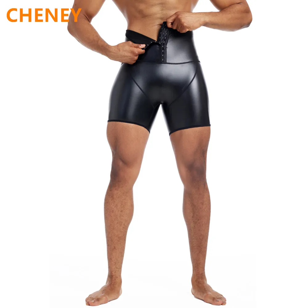 New Fitness Slim Stretch Leather Pants Body Shapers Waist Trainer High Waist Abdomen 3 Hooks Compression Leather Shorts