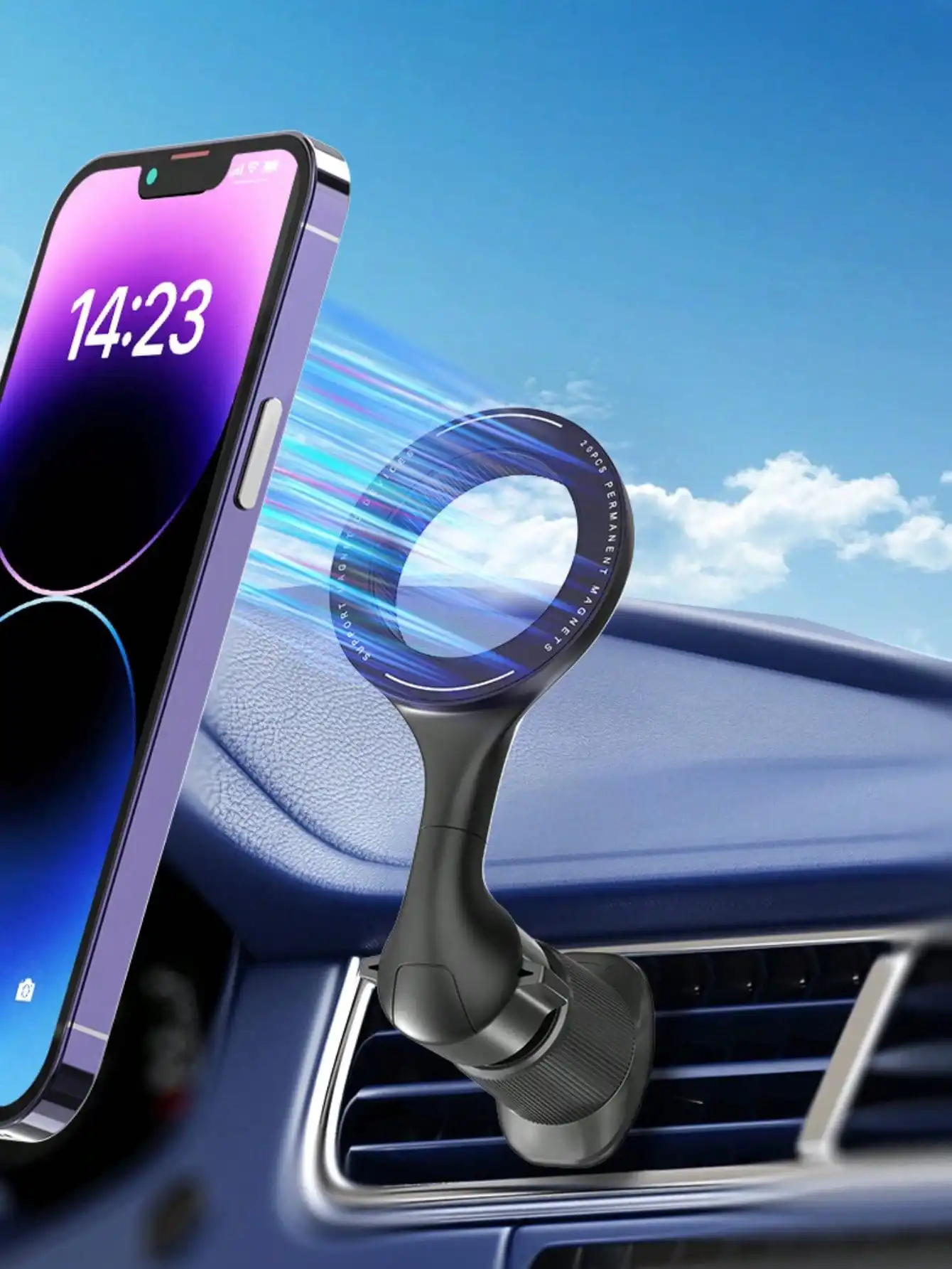 Magnetic Car Phone Holder-Adjustable Ball Joint, 360° Rotation, Strong Neodymium Magnet & Built-in Magnetic Ring, Universal Fit