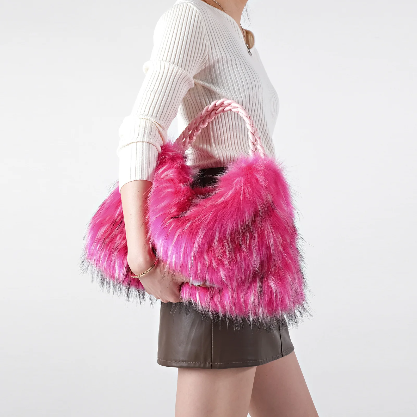 New Autumn Winter Plush Tote Bag Faux Fox Fur Handbag  Raccoon Fur Handle Fluffy Bag for Women