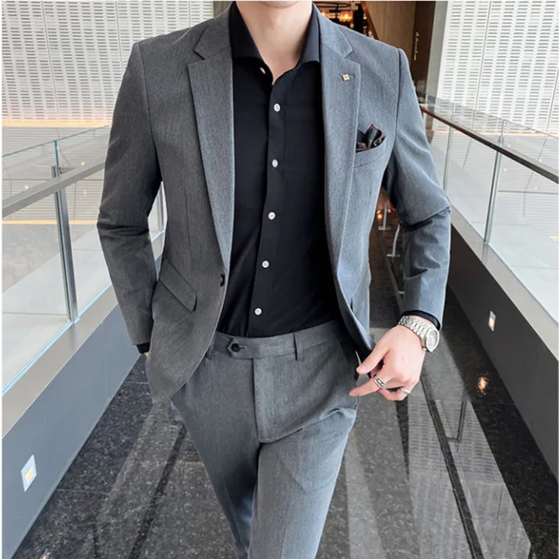 Suit Coat + Pants 2 Pcs Set Fashion New Men\'s High Quality Low Price Business Wedding Groom Pure Color Blazers Trousers 4XL 5XL