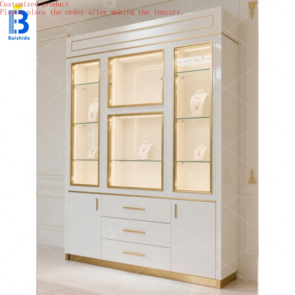 

Custom.Modern American Design Jewelry Showcase LED Exhibition Display Rack Shop Abroad Jewelry Display Cabinet