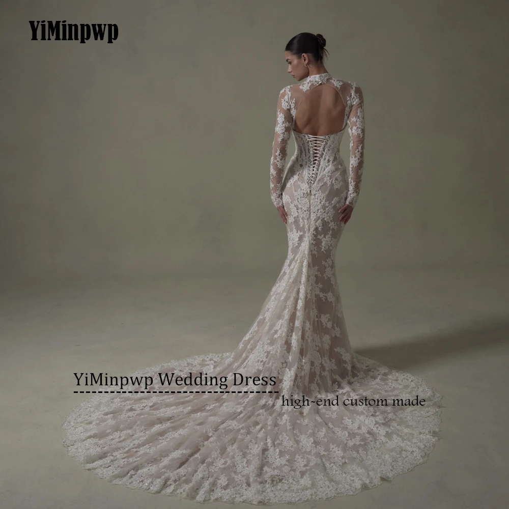 Ivory Lace Mermaid Wedding Dresses for Bride Removable High Neck Long Sleeve Backless Garden Beach Bridal Gown Customized