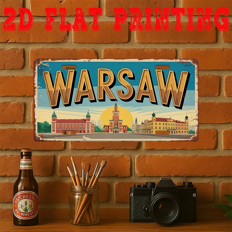 Vintage 2D Flat Warsaw Sign, - Metal Plate Featuring Polish Monument And Warsaw Architecture, Large Retro Wall Decoration