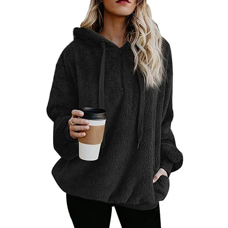 

2023 Autumn and Winter New Women's Street Style Long-sleeved Zipper Hooded Solid Color Women's Sweater Sweater Thick Warm Jacket