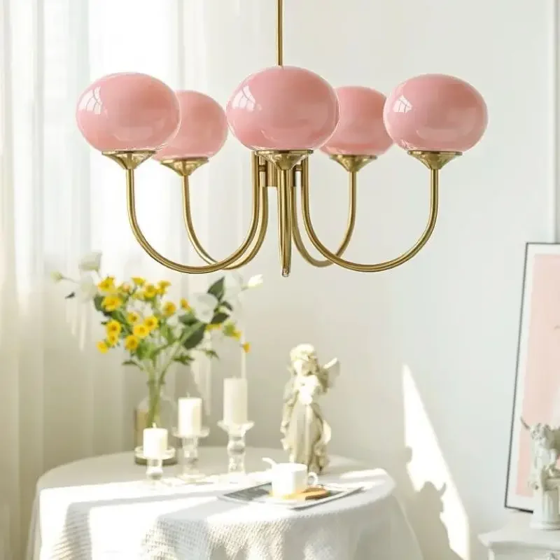 SANDYHA Modern Simple Cream Style Chandeliers Pink Glass Ball Pendant Light for Living Room Bedroom Indoor Led Lamp Home Decor