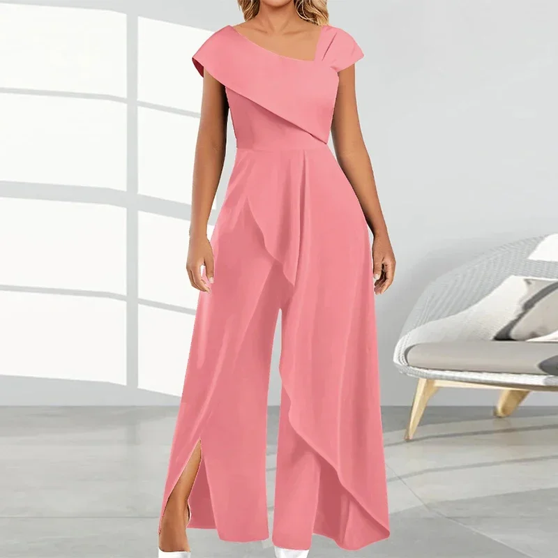 2024 Summer New Elegant Slit Irregular Wide Leg Jumpsuits Women Temperament Commuter Retro Rompers Ladies Skew Collar Jumpsuit