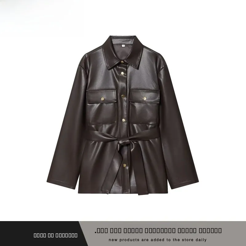 

Осень-зима, Новое поступление, женская длинная кожаная куртка с поясом ZR Sle Faion, универсальное женское пальто из полиэфирного волокна